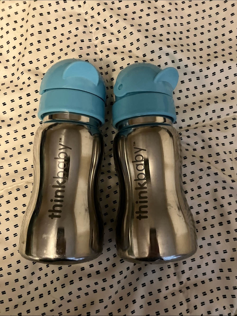 Thinkbaby Kids Stainless Steel Bottle with Light Blue Cap x2